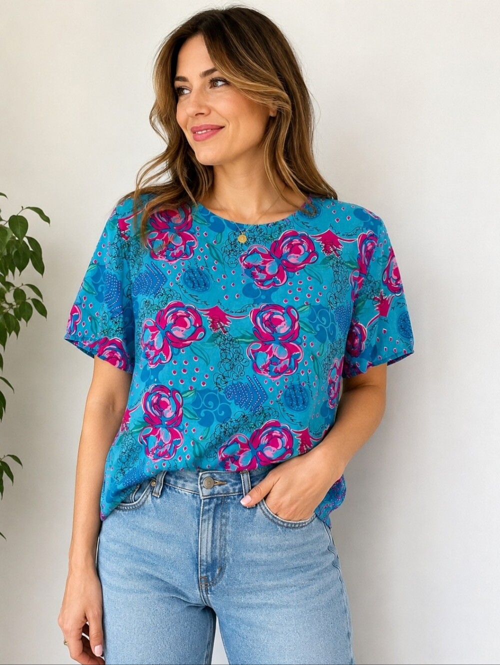 CLIO Silk Abstract Floral Print Short Sleeve Blouse Top  Turquoise Pink Vintage